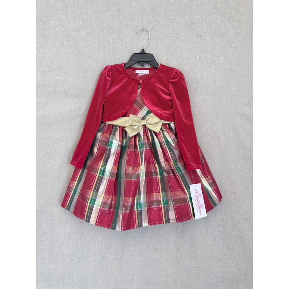 Bonnie Jean Kids Red Plaid Christmas Holiday Dress Velvet Cardigan Set 3T NWT